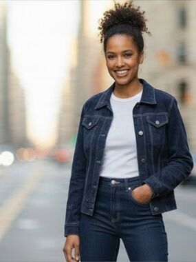 Isaac Mizrahi dark blue suede trucker jacket size large